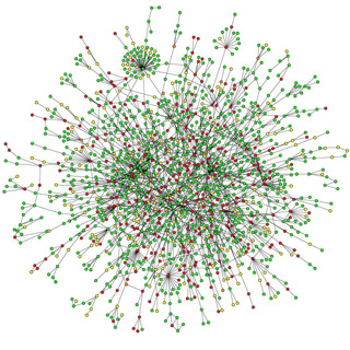 a network diagram made up of dots and lines, representing the interactions between proteins in a yeast cell.