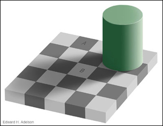 The checkerboard illusion, illustrating simultaneous contrast.
