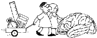 A black and white cartoon sketch of a man and woman walking next a brain, pulling a wagon containing a watch, a ruler and a calculator.