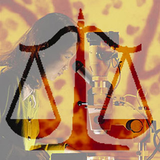 Photo of scientist conducting research with a microscope, with scales of justice superimposed over image.