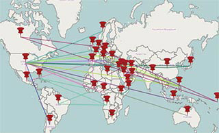 A world map where each of the continents have several push pin icons on them. The various push pins are connected to each other with multi-colored lines.