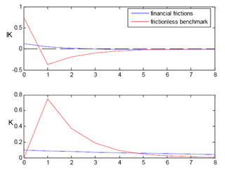 Graph of a persistent shock. At long times, financial frictions approaches frictionless.