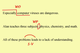 Three sentences with grammatical corrections in red.