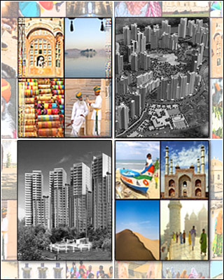 A collage of color and black and white images of people, buildings, and landscapes in India.