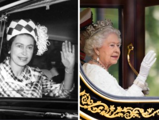A young woman waving out of an open car window, and another image of the same woman when much older, wearing a crown and waving out the window of a state coach.