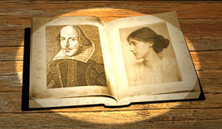 An illustration of a book in a spotlight, with portraits of William Shakespeare and Virginia Woolf on facing pages.