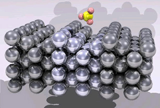Matrix of atoms with an approaching methane molecule.
