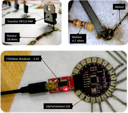 Three photos showing the components on the fabric.