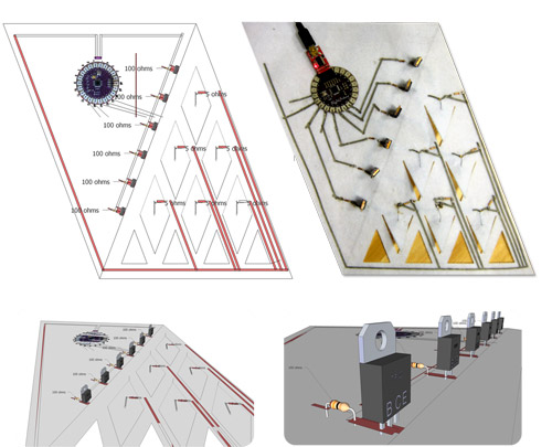 Three layout schematic views and a top-view photo of the assembled fabric.