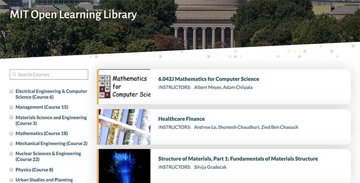 Screenshot of MIT Open Learning Library catalog page, showing several course summary cards.
