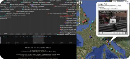 Screenshot image of TimeMap, showing a scrolling timeline on the left side and a map of western Europe on the right, along with pop-up video player window.