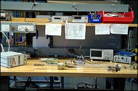 Experiment equipment on the table and shelf.