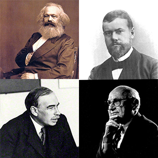 Four black and white photos of Karl Marx, Max Weber, John Maynard Keynes, and Milton Friedman. 
