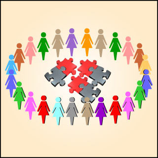 Figures forming a circle around a jigsaw puzzle.