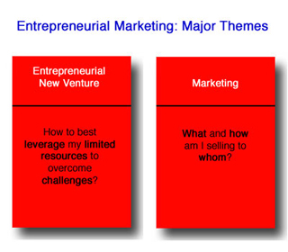 An illustration containing the central themes and questions of entrepreneurial ventures and marketing.