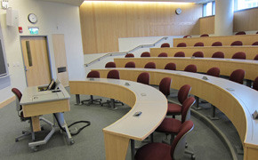 View of the seating from side of the instructor’s workstation at the head of the room.
