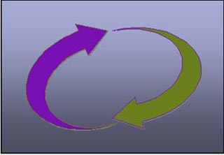An illustration of two arrows in a circle, representing communication.