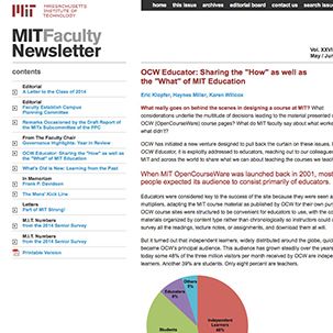 A screenshot of the MIT Faculty Newsletter article titled 'OCW Educator: Sharing the How as well as the What of MIT Education.'