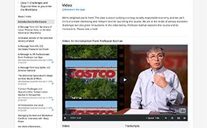 Screenshot of “Class 1” on the edX platform. A left navigation menu features section titles. There is an option to play a video, entitled “An Introduction from Professor Kochan,” in the center of the screen.